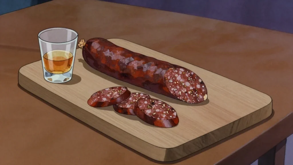 Sudzhuk, dried spiced sausage, pressed flat and often smoked, Bulgaria charcuterie & cured, anime style