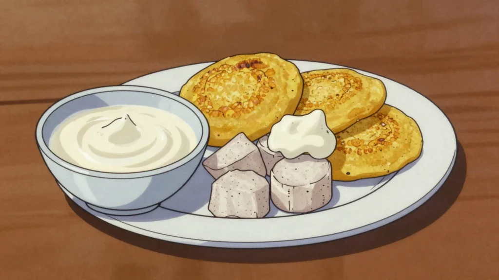 Suero costeño, tangy soured cream spooned over arepas, yuca and mote de queso, Colombia cheese & dairy, anime style