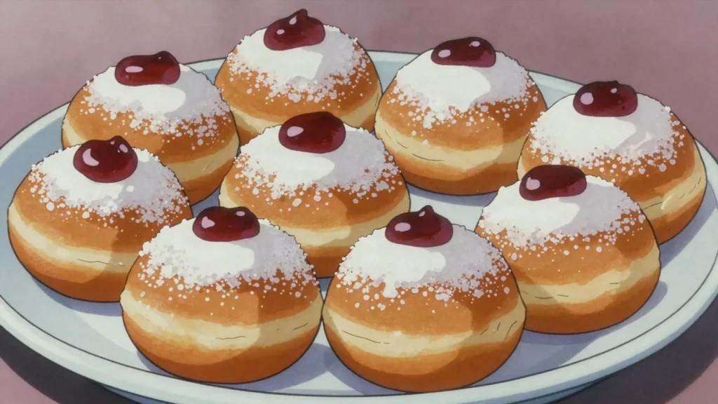 Sufganiyah, jelly-filled Hanukkah doughnut dusted with sugar, Israel dessert, anime style