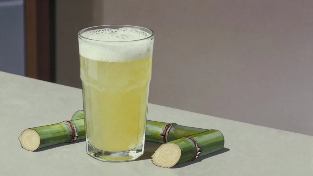 Sugarcane juice, fresh-pressed asab, frothy and sweet, from juice shops everywhere, Egypt drink, anime style