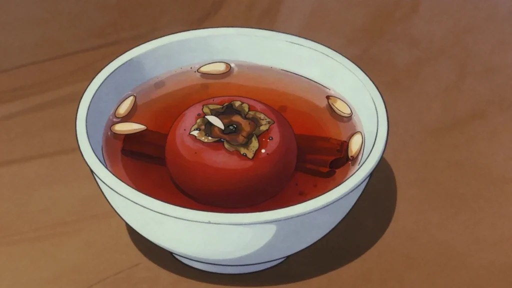 Sujeonggwa, chilled cinnamon and ginger punch with dried persimmon and pine nuts, South Korea drink, anime style