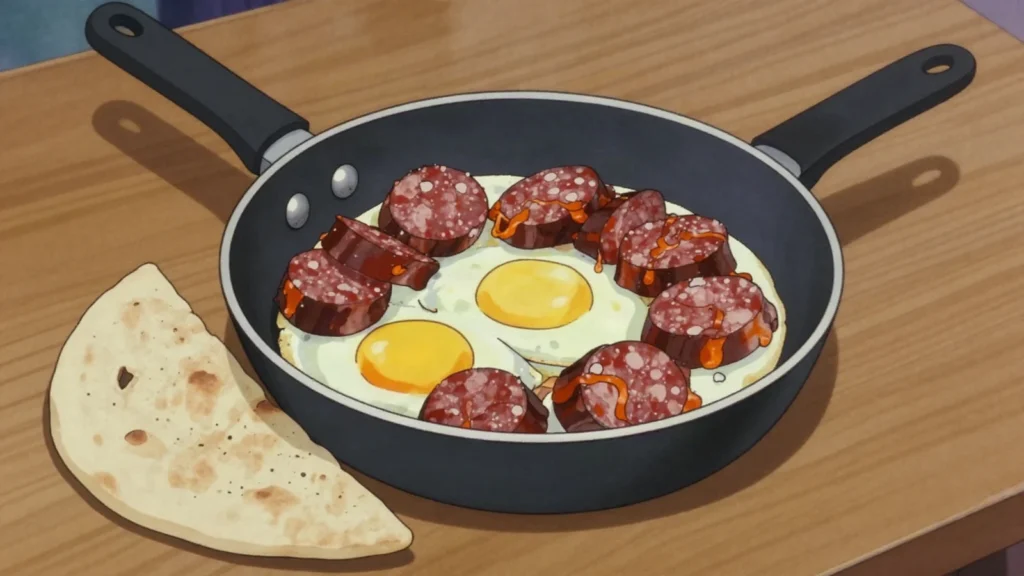 Sujuk, flat spiced cured sausage of beef and lamb, grilled or fried with eggs, Armenia charcuterie & cured, anime style