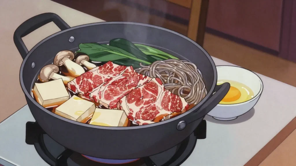 Sukiyaki, beef and vegetables simmered tableside in sweet soy, dipped in raw egg, Japan main, anime style