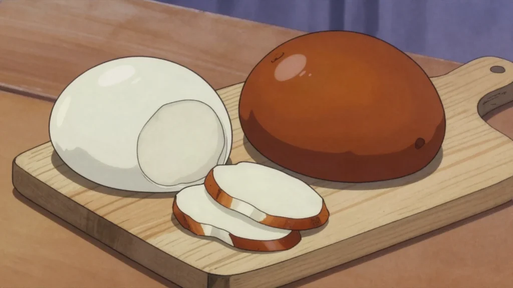 Sulguni, springy brined cheese from Samegrelo, often smoked, melted into breads, Georgia cheese & dairy, anime style