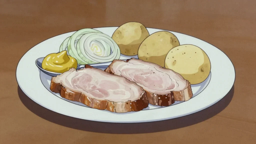 Sült, cold jellied pork eaten with mustard or vinegar, Estonia charcuterie & cured, anime style