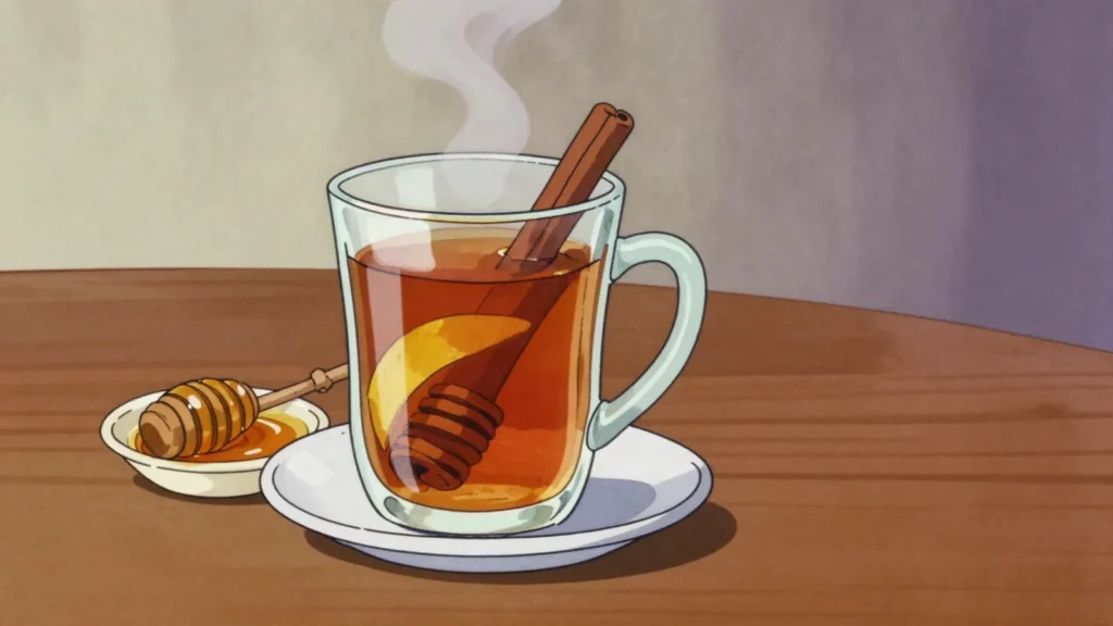 Šumadijski čaj, hot rakija sweetened with honey and caramel, drunk in winter, Serbia cocktail, anime style