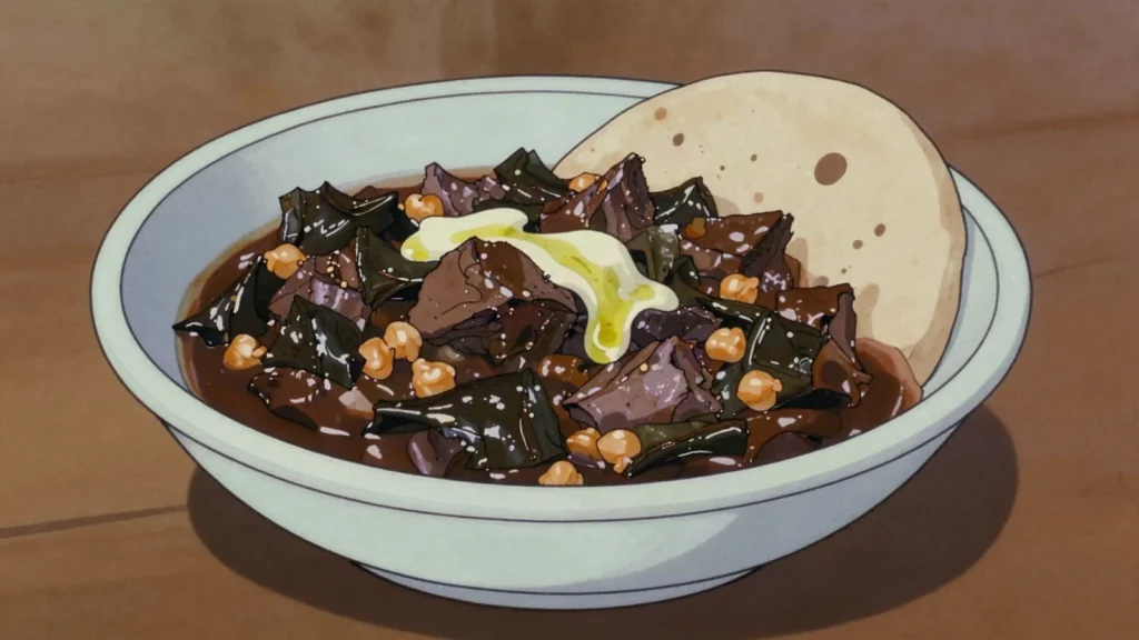 Sumagiyya, gazan stew of chard, meat and tahini soured with steeped sumac, Palestine soup & stew, anime style