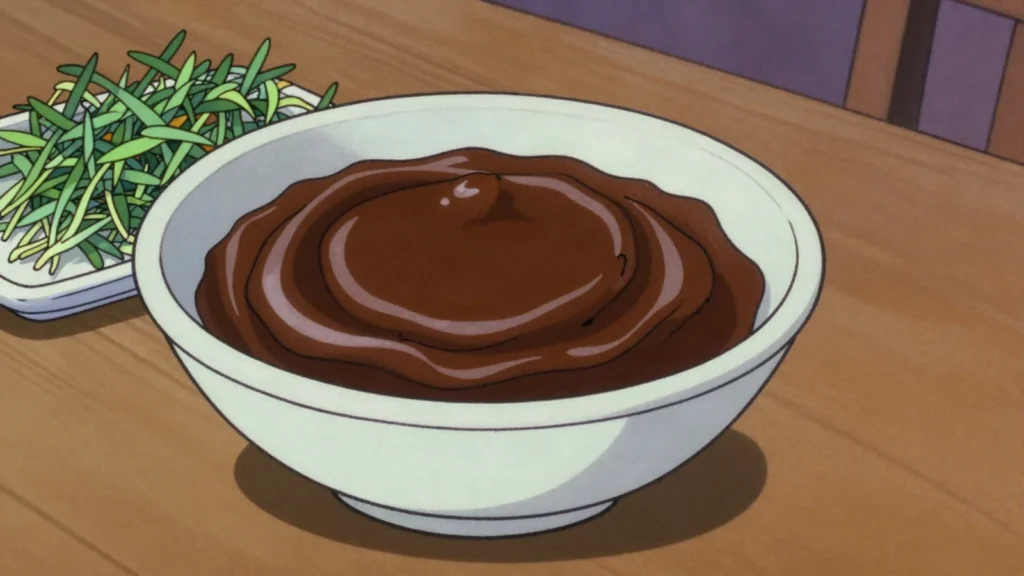 Sumalak, wheat-sprout paste stirred overnight for Navruz, communal ritual, Uzbekistan dessert, anime style