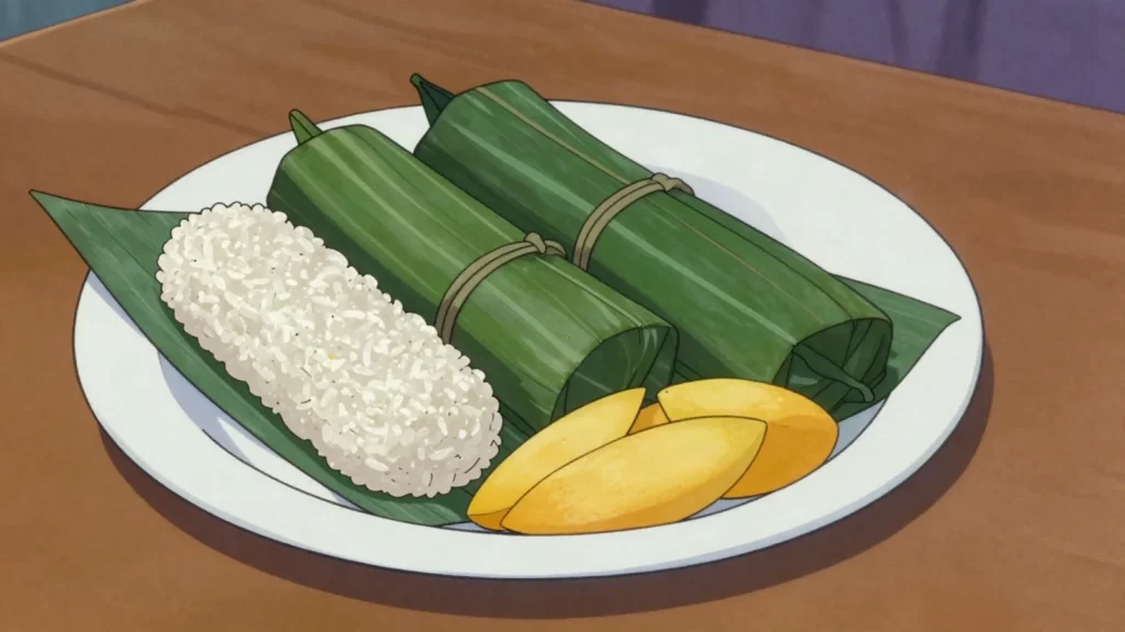 Suman, sticky rice cooked in coconut milk, wrapped in leaf and dipped in sugar, Philippines snack, anime style