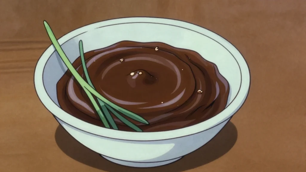 Sumanak, dark sweet paste of sprouted wheat, cooked all night for Navruz, Tajikistan dessert, anime style