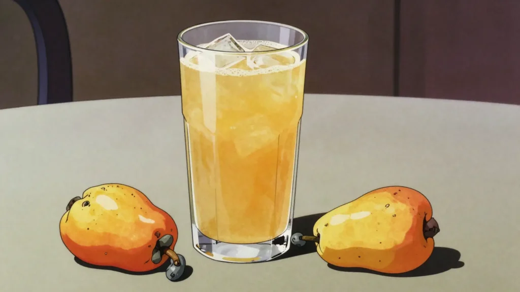 Sumo de caju, fresh juice pressed from cashew apples during the harvest, Guinea-Bissau drink, anime style