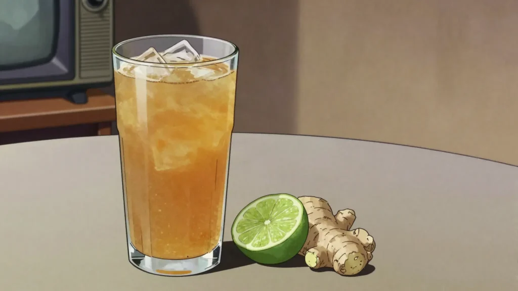 Sumo de gengibre, chilled ginger juice sweetened and sharpened with lime or pineapple, Guinea-Bissau drink, anime style