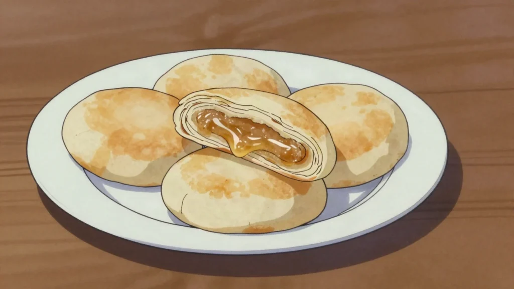 Sun Cake, taichung flaky pastry with sweet maltose filling, Taiwan bread & pastry, anime style