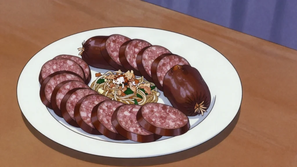 Sundae, steamed pig-intestine sausage filled with glass noodles and blood, North Korea street food, anime style