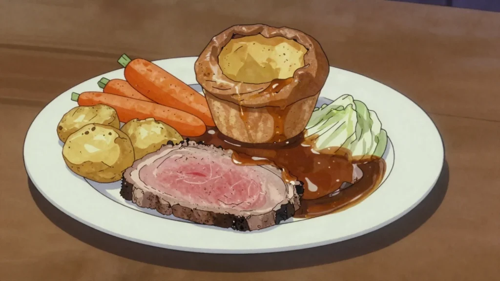 Sunday roast, roast meat with potatoes, vegetables, Yorkshire pudding, gravy, United Kingdom main, anime style