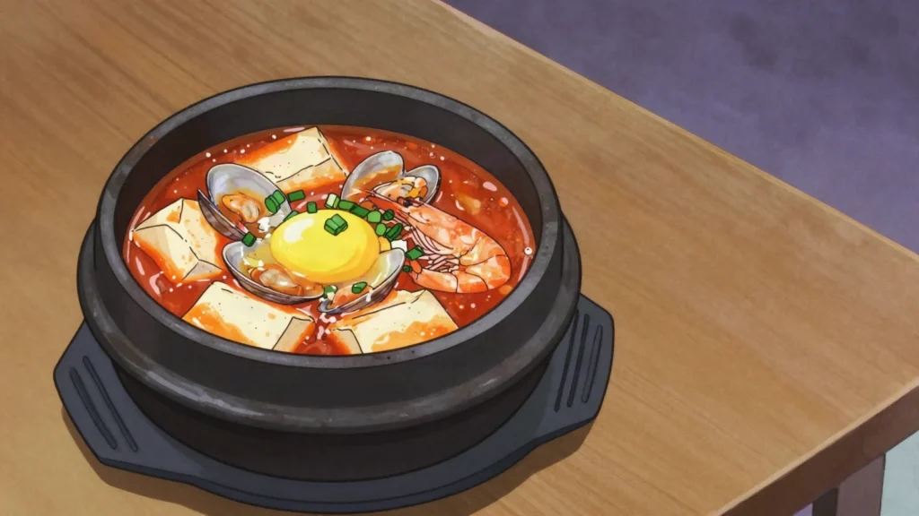 Sundubu Jjigae, fiery soft-tofu stew with seafood, finished with a cracked egg, South Korea soup & stew, anime style