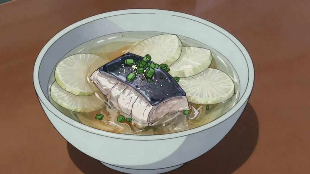 Sungeo-guk, peppery soup of Taedong River grey mullet, a Pyongyang specialty, North Korea soup & stew, anime style