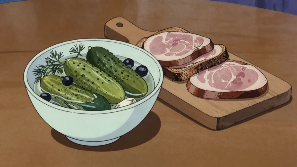 Suolakurkku, cucumbers salted in brine with dill and blackcurrant leaf, sour not, Finland fermented & pickled, anime style