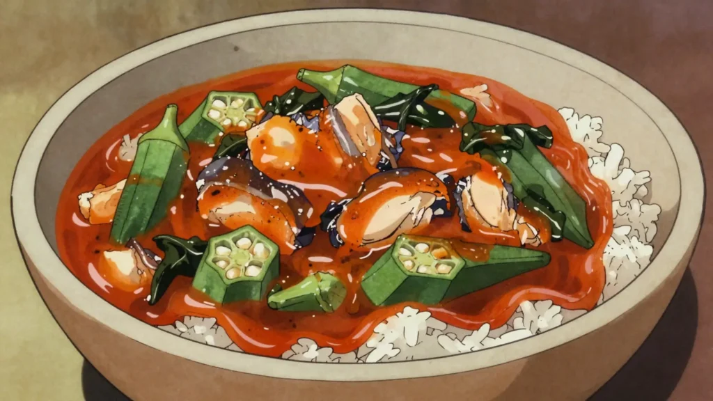 Superkanja, okra, palm oil, fish and greens stew served over rice, Gambia soup & stew, anime style