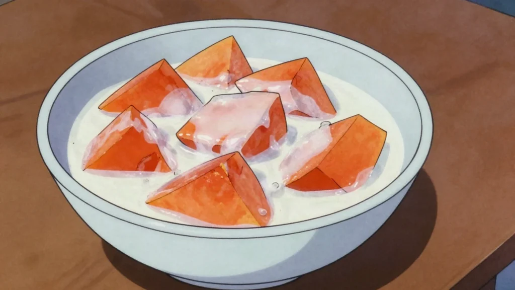 Supoesi, ripe papaya simmered in sweetened coconut cream; eaten hot or chilled, Samoa dessert, anime style