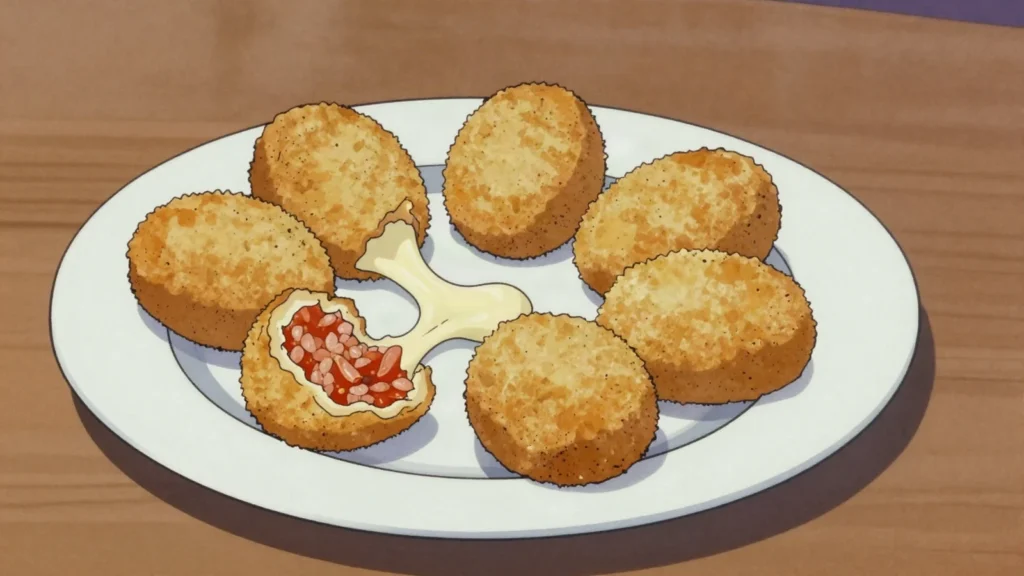 Supplì, fried rice croquettes with molten mozzarella centers, Vatican City street food, anime style