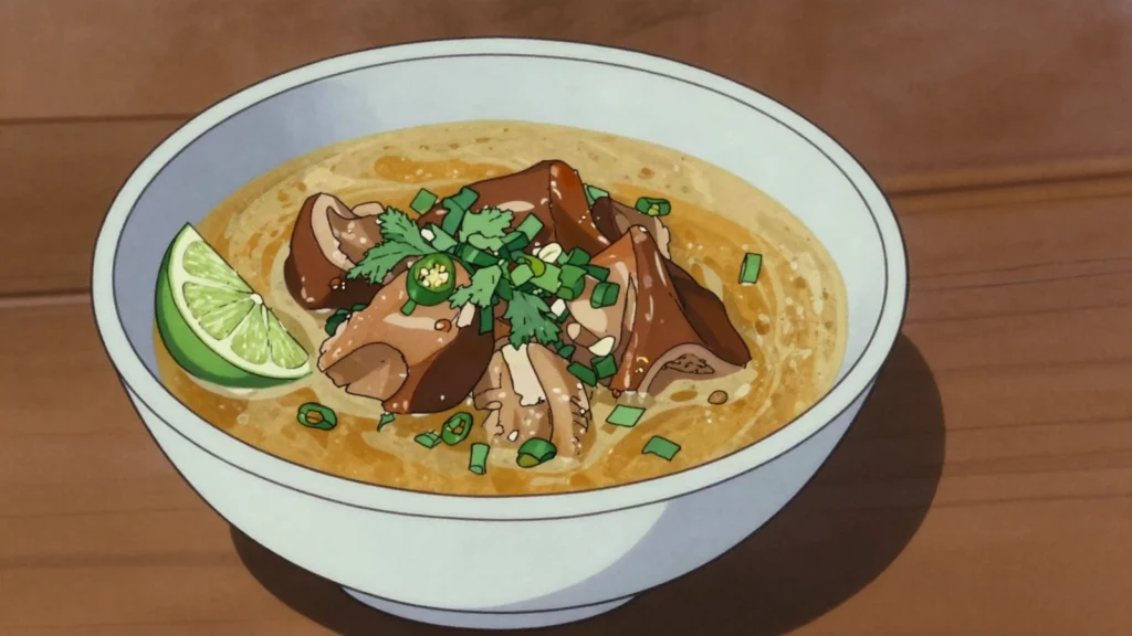 Supu ya makongoro, gelatinous cow trotter broth with chili and lime, eaten at breakfast, Tanzania soup & stew, anime style