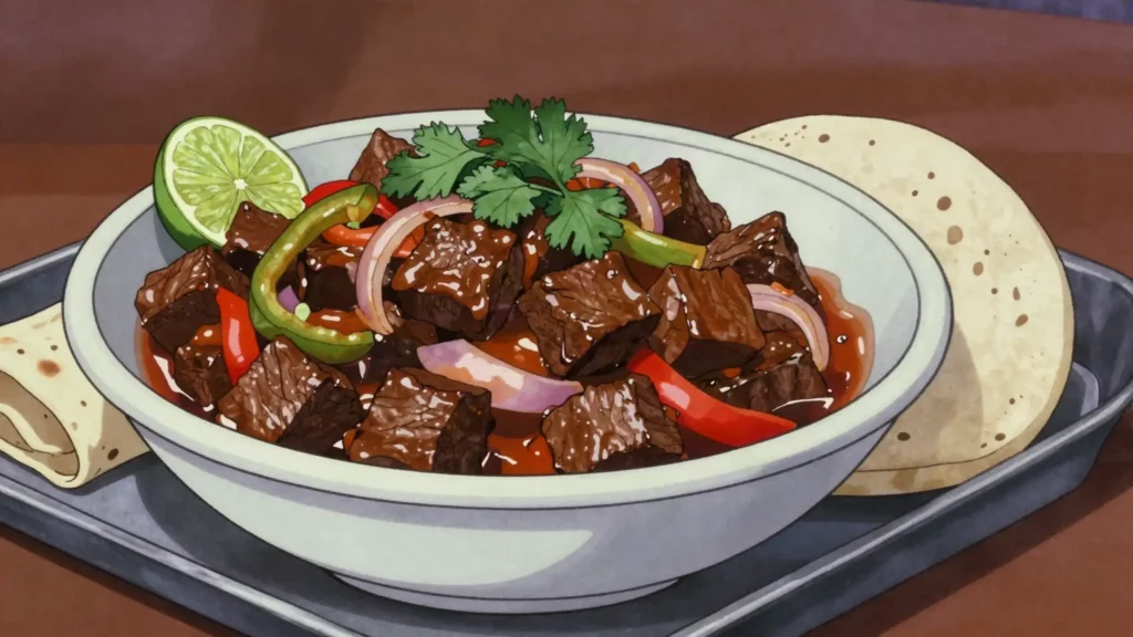 Suqaar, small-diced beef, camel or goat flash-fried with onion, pepper and xawaash, Djibouti main, anime style