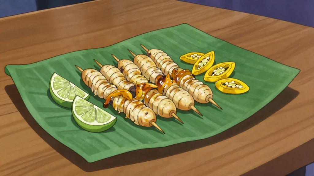 Suri, palm weevil larvae grilled on skewers, or eaten raw in the jungle, Peru snack, anime style