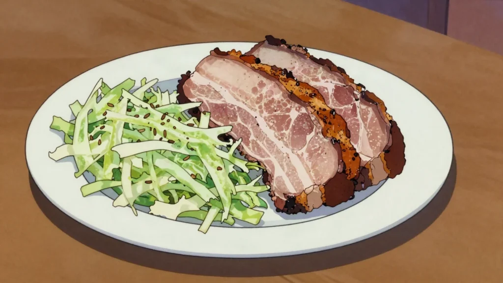 Surkål, shredded cabbage soured with vinegar and caraway, beside pork ribs, Norway fermented & pickled, anime style