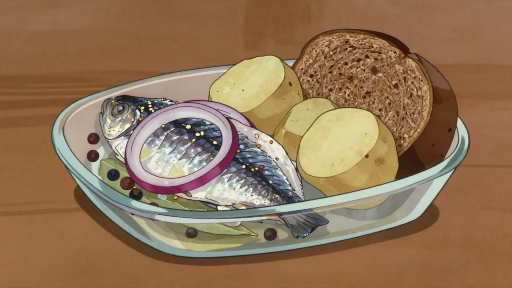 Sursild, salt-cured herring steeped in sweet vinegar with onion and spices, Norway fermented & pickled, anime style