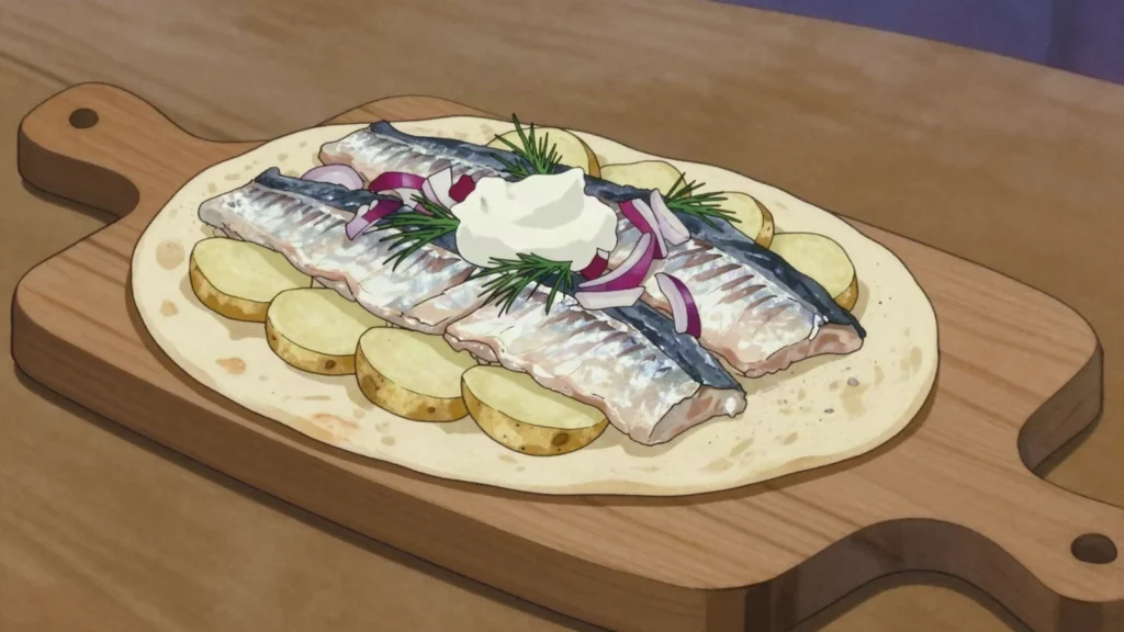Surströmming, infamously pungent fermented Baltic herring, with flatbread and potato, Sweden fermented & pickled, anime style