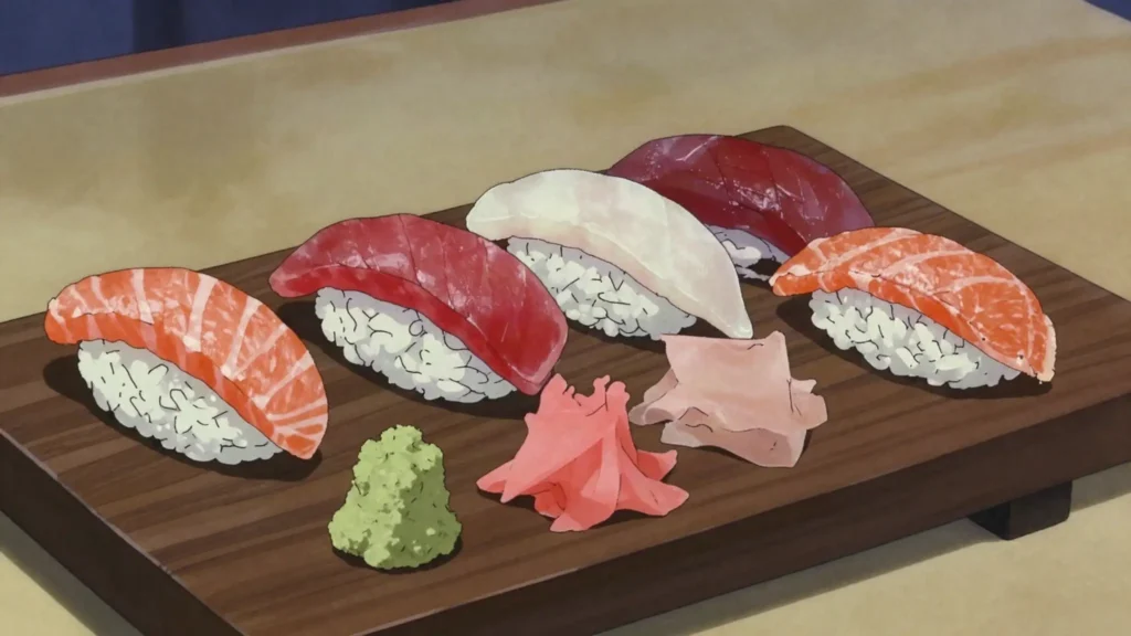 Sushi, vinegared rice with raw fish or seafood, as nigiri or rolls, Japan main, anime style