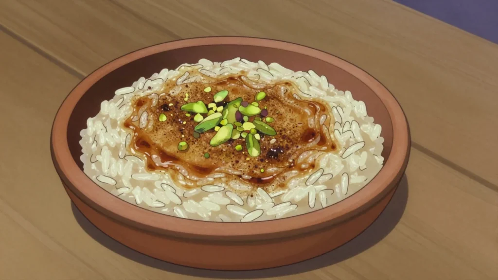 Sutlac, baked rice pudding with caramelized top, Turkey dessert, anime style