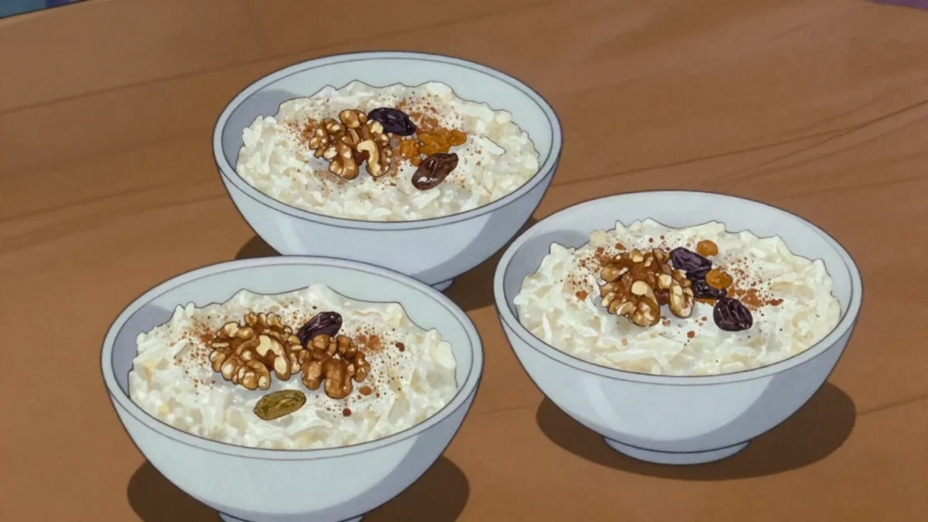 Sutlijaš, rice pudding scented with cinnamon, served cold in bowls, North Macedonia dessert, anime style