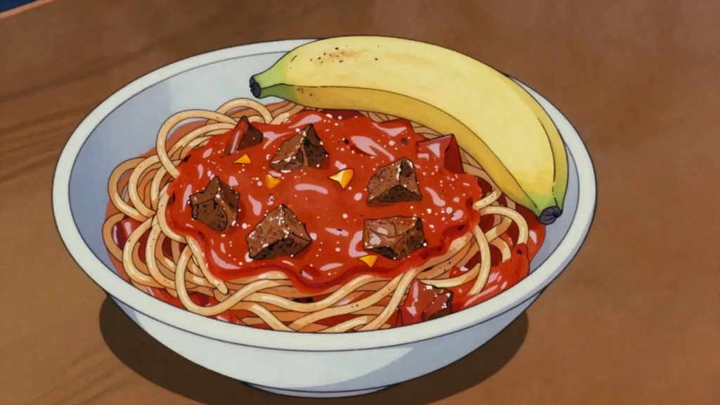 Suugo suqaar, spiced tomato sauce with diced meat, ladled over Somali spaghetti, Somalia sauce & condiment, anime style