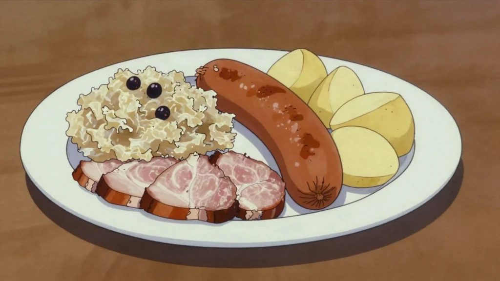 Suurchabis, salt-fermented cabbage served with pork, sausage and potatoes, Switzerland fermented & pickled, anime style