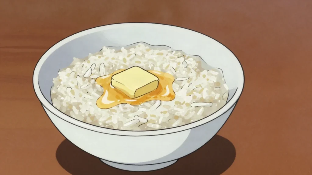Suutei Budaa, rice simmered in salted milk with butter; soft, mild morning porridge, Mongolia breakfast, anime style