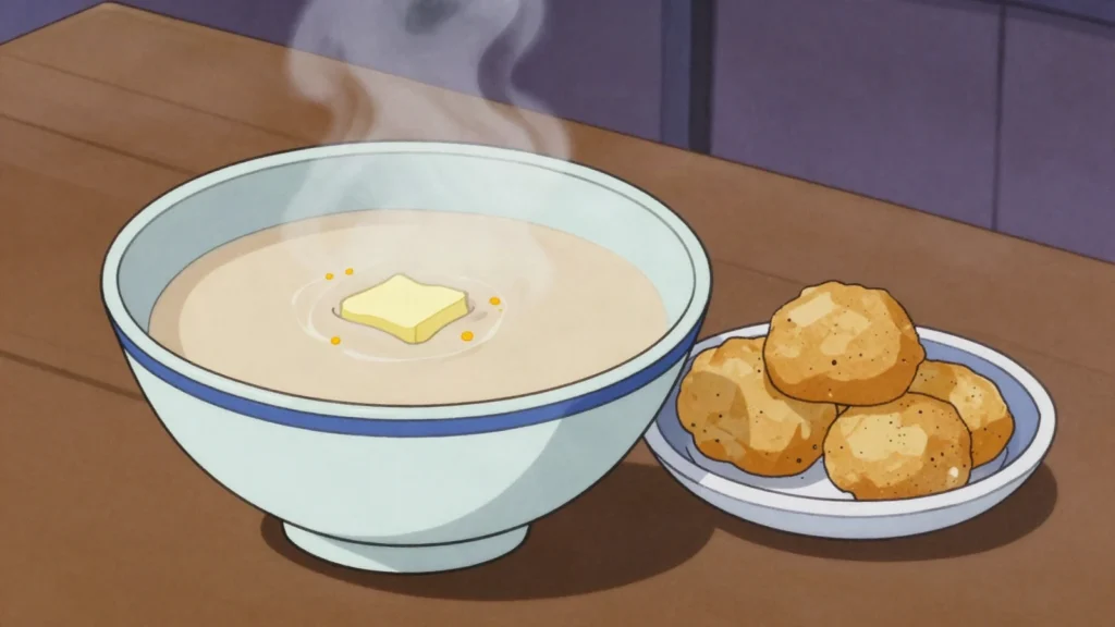 Suutei Tsai, salted milk tea simmered with green tea, drunk throughout the day, Mongolia drink, anime style