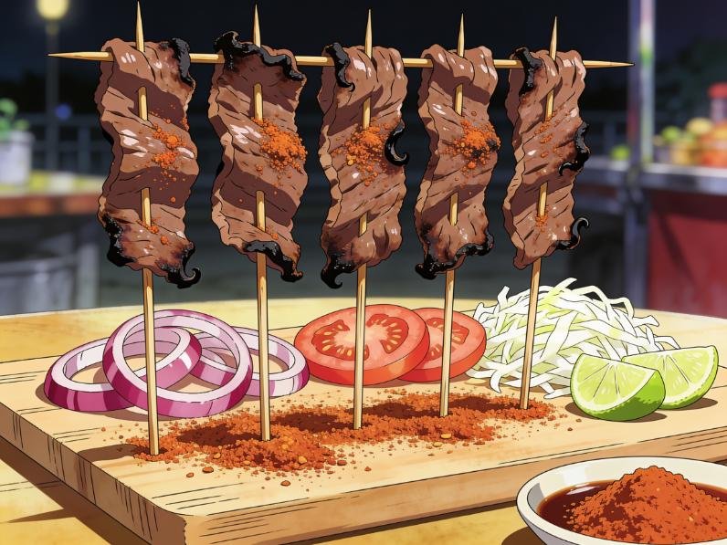 Suya, thin beef skewers coated in spiced peanut powder and grilled over wood, Niger street food