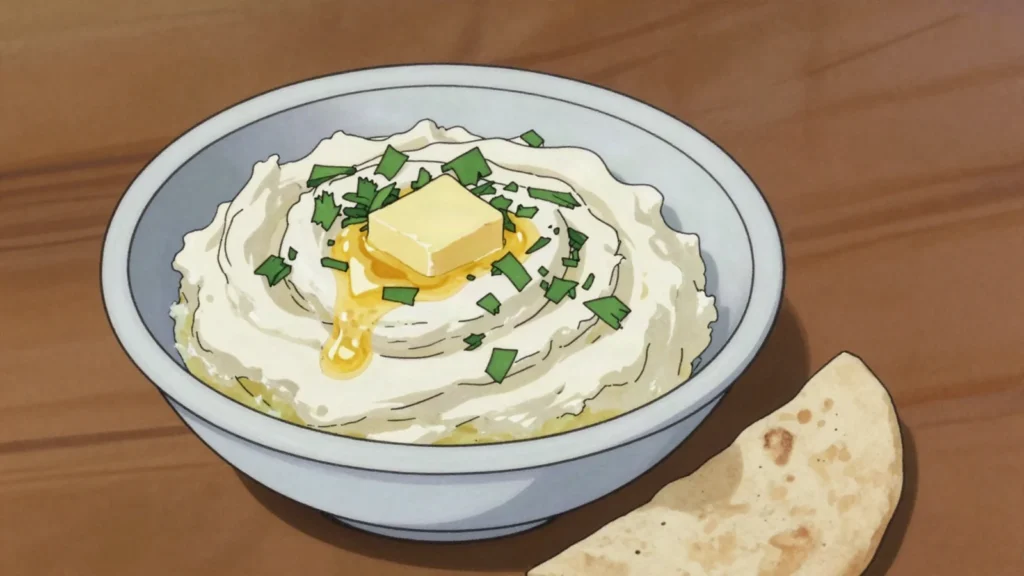 Suzbe, sour milk strained in cloth into a thick fresh curd, salted and spread, Kazakhstan cheese & dairy, anime style