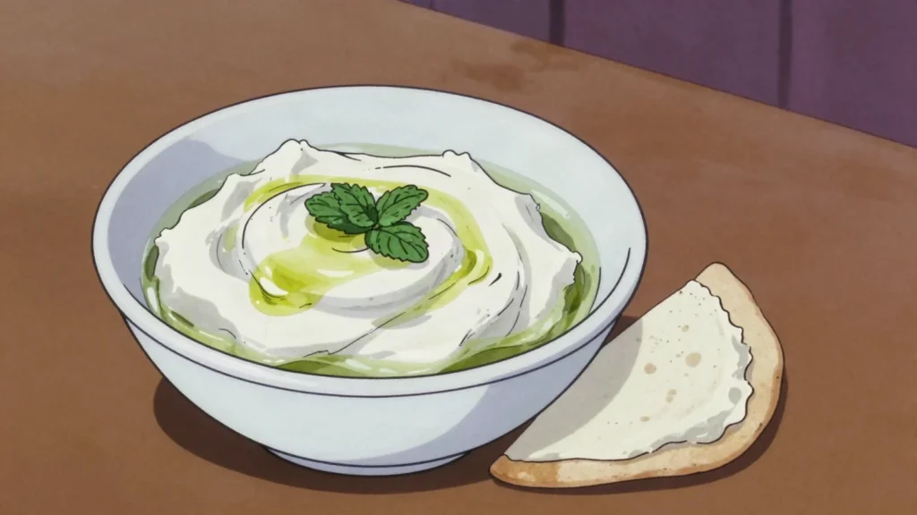 Suzma, yoghurt drained in cloth to a thick spreadable curd, salted and eaten with, Azerbaijan cheese & dairy, anime style