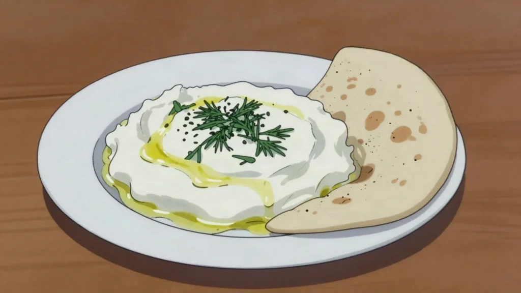 Suzme, strained sour milk curd, salted and eaten fresh or dried into gurt, Turkmenistan cheese & dairy, anime style