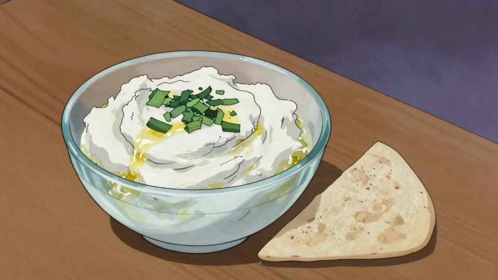 Suzmo, sour milk drained to a thick salty curd, spread on bread or thinned into soup, Kyrgyzstan cheese & dairy, anime style