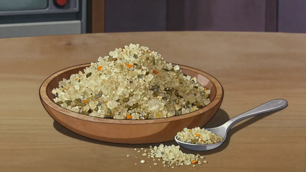 Svanuri marili, svanetian salt ground with garlic, coriander, blue fenugreek and, Georgia sauce & condiment, anime style