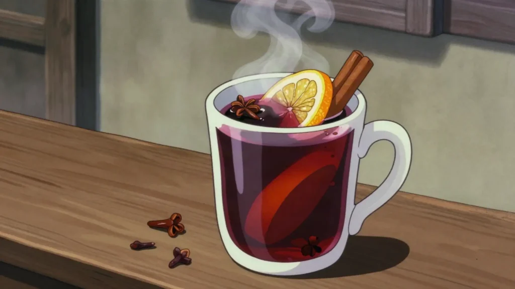 Svařák, mulled red wine with cloves, cinnamon and lemon at market stands, Czechia cocktail, anime style