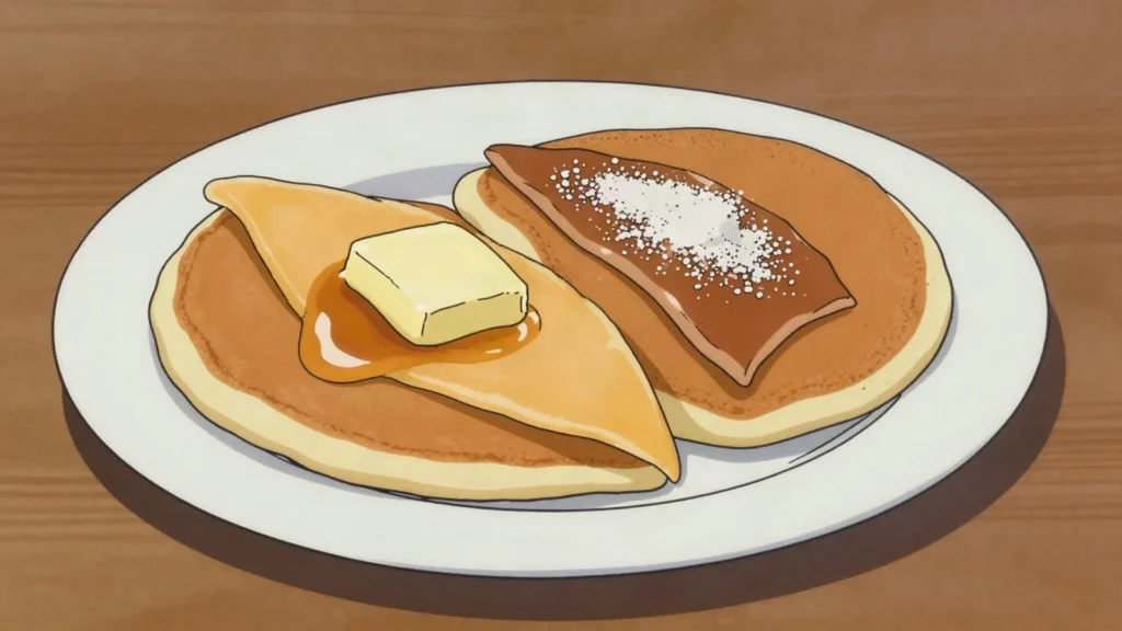 Svele, thick soft pancake folded over butter and brown cheese or sugar, Norway street food, anime style