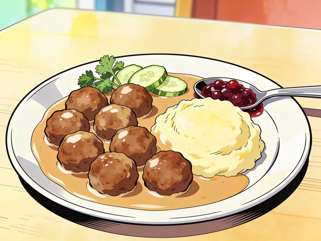 Swedish meatballs, meatballs in cream gravy with lingonberries and mash, Sweden main, anime style