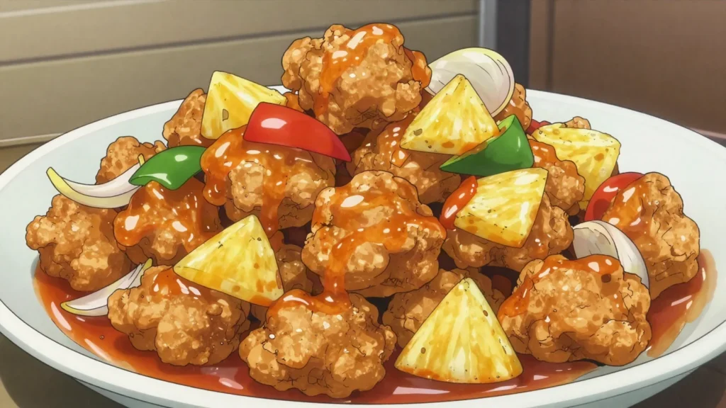 Sweet and Sour Pork, crispy battered pork tossed with pineapple and peppers in glossy tangy sauce, China main, anime style