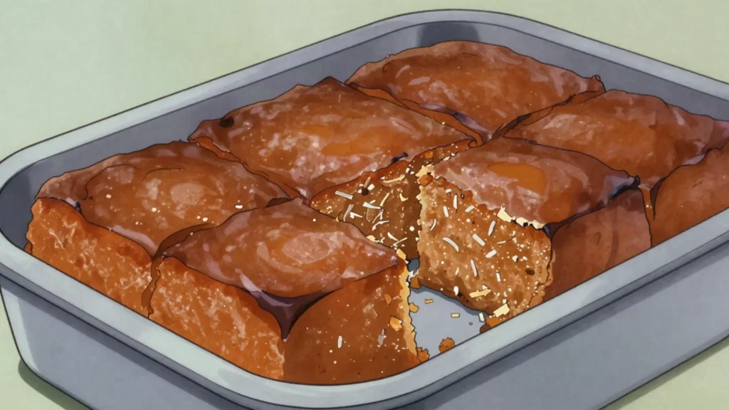 Sweet potato pone, baked pudding of grated sweet potato, coconut and spice, chewy at the edges, Grenada dessert, anime style