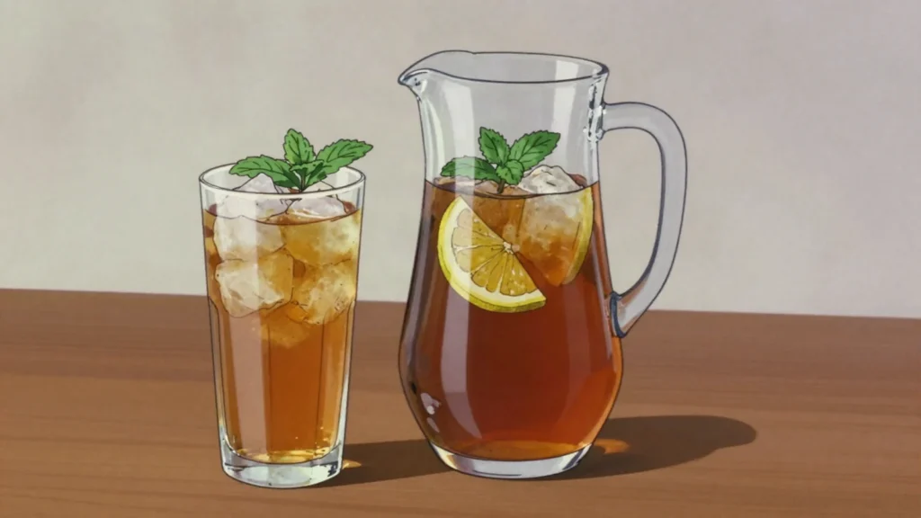Sweet tea, heavily sugared iced black tea, the Southern table staple, United States drink, anime style